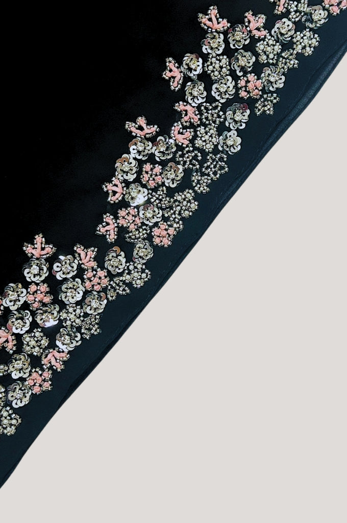  Black luxury handwork hijab for women, premium designer hijab India, classic party wear modest fashion Mawdeest