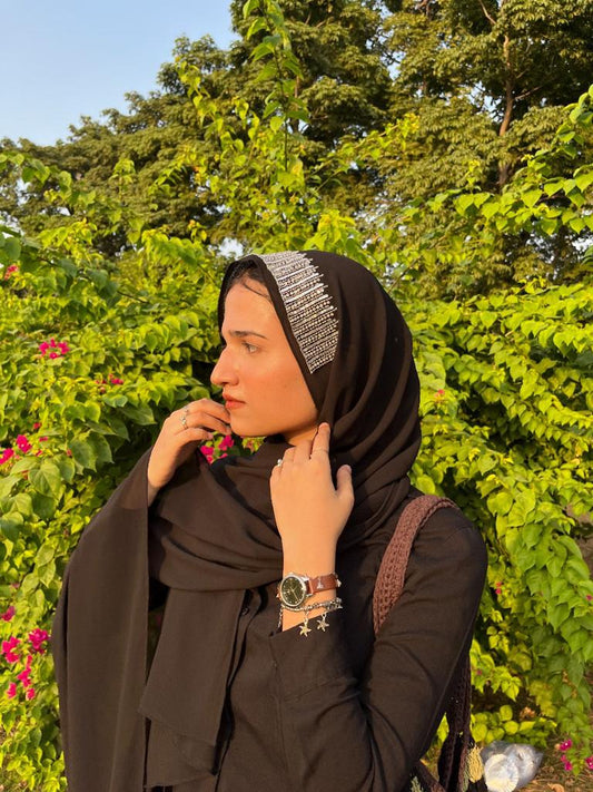 Black sparkle hijab for party wear, premium shimmer hijab India, luxury modest fashion evening hijab Mawdeest
