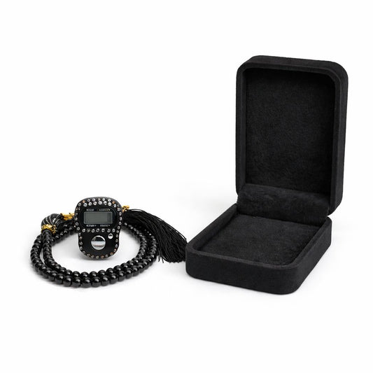 Black velvet tasbih gift set with digital counter premium Islamic prayer beads India

