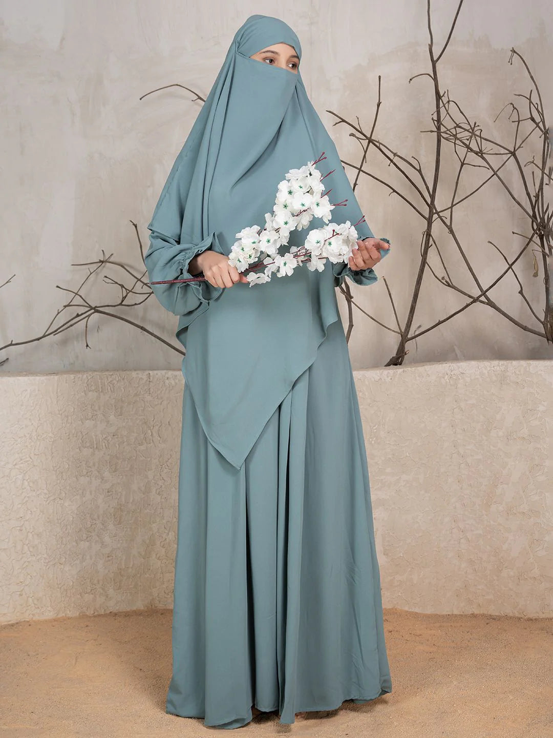 blue abaya fabric smooth flowy modest wear India comfortable daily outfit
