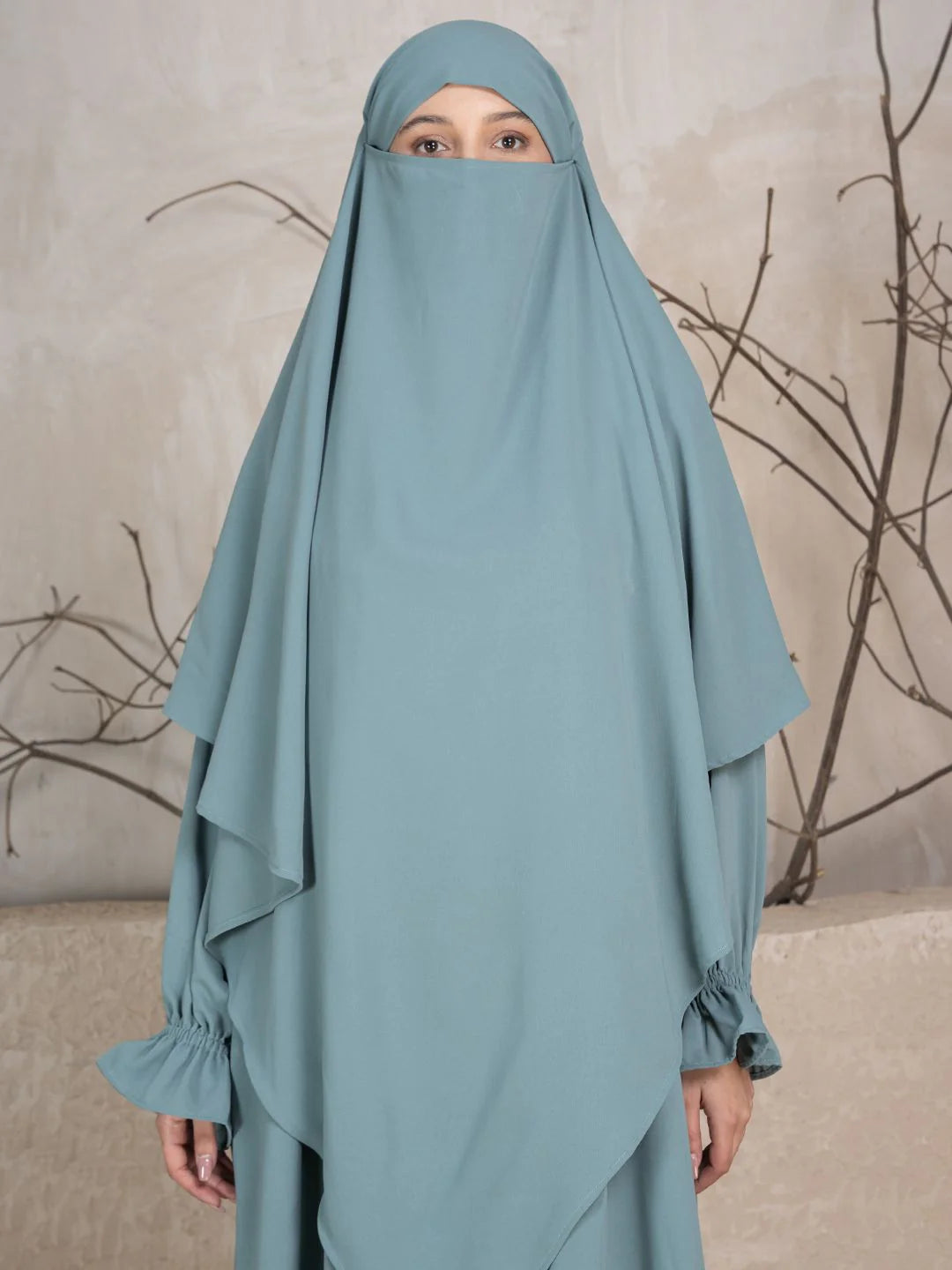 blue abaya khimar outfit women modern modest fashion India stylish look
