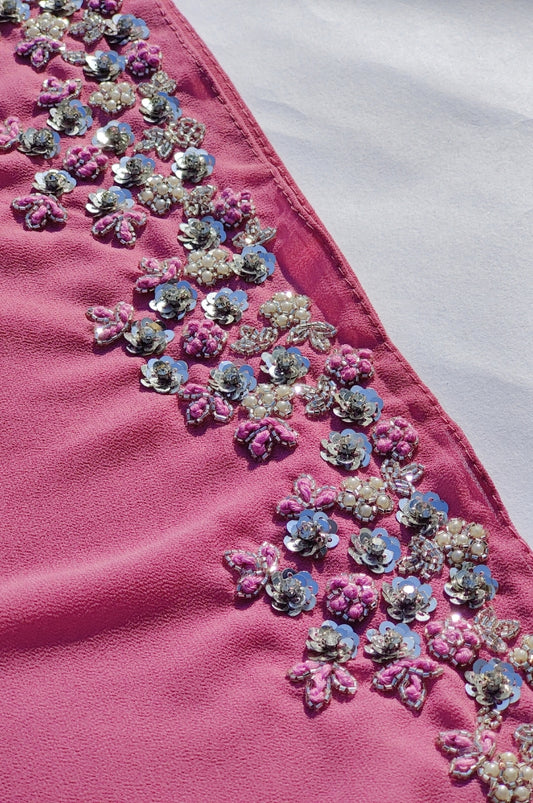 Bright pink premium handwork hijab for festive wear, designer modest fashion hijab India, statement party hijab Mawdeest