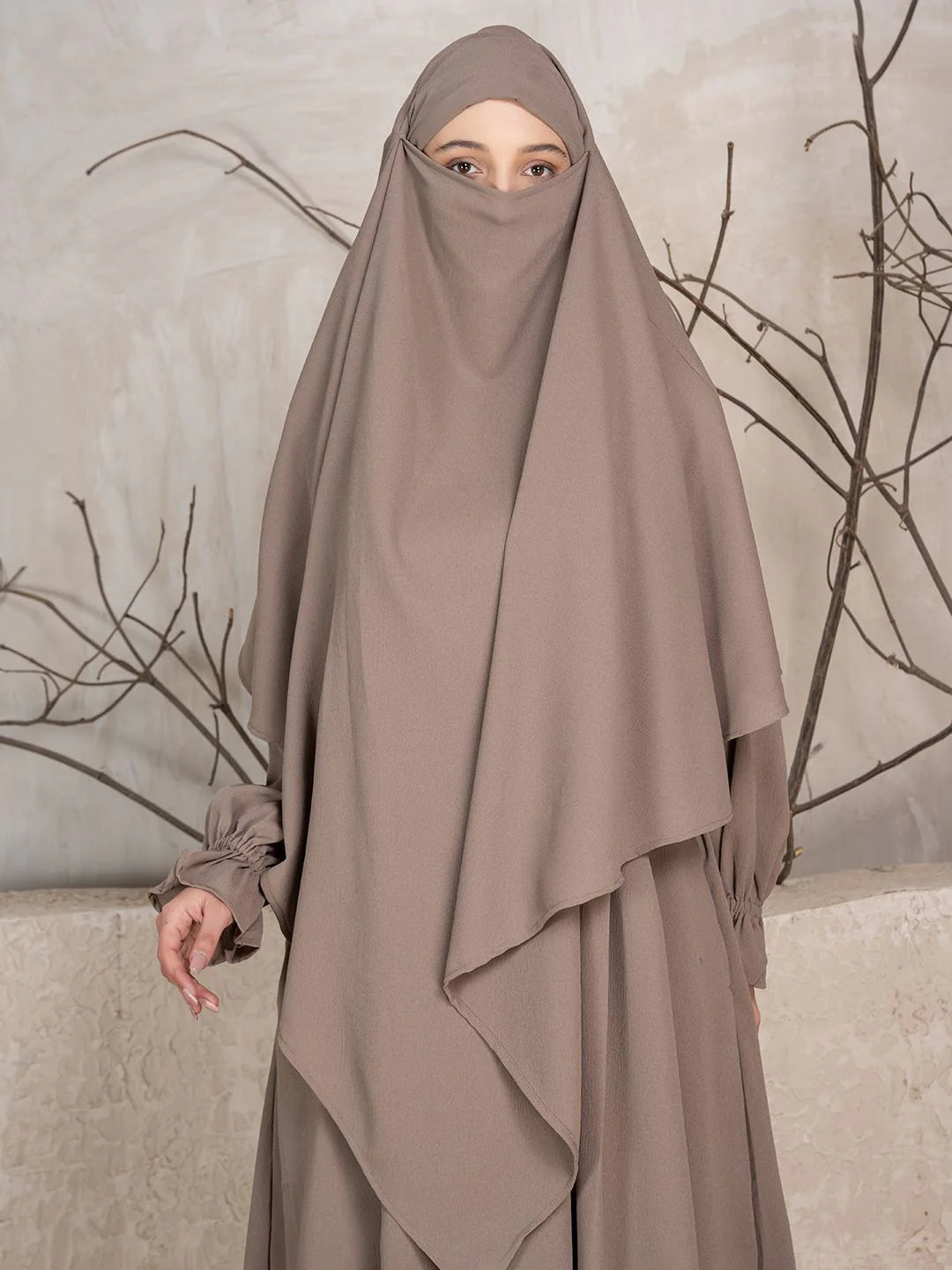brown khimar abaya fabric soft flowy modest wear India everyday comfort
