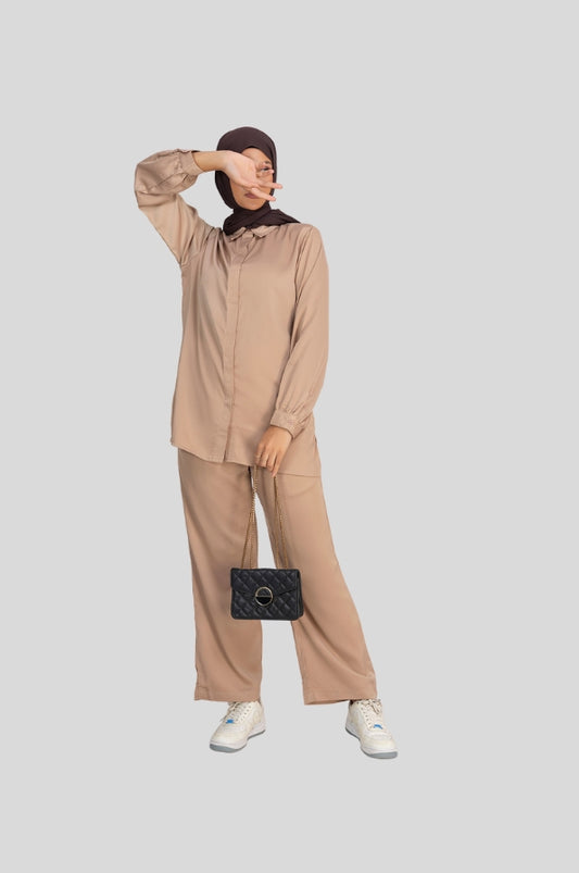 Buy beige classic co-ord set for women in India, neutral modest outfit, premium hijabi friendly coord set Mawdeest