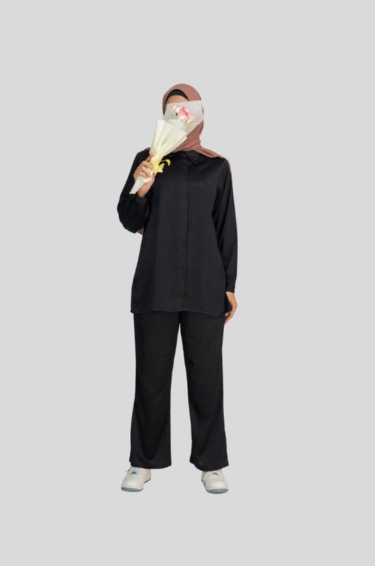Buy black classic co-ord set for women in India, premium modest fashion outfit, elegant hijabi friendly matching set Mawdeest