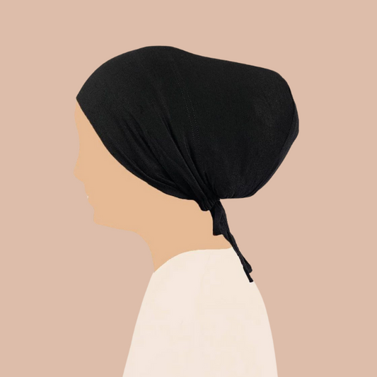 Elegant black tie back hijab cap for modest fashion and secure hijab styling in India by Mawdeest
