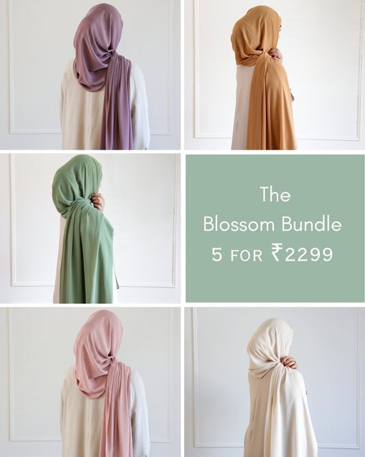 Buy premium chiffon hijab bundle online in India by Mawdeest with pastel pink sage green and cream hijabs for Muslim women modest fashion
