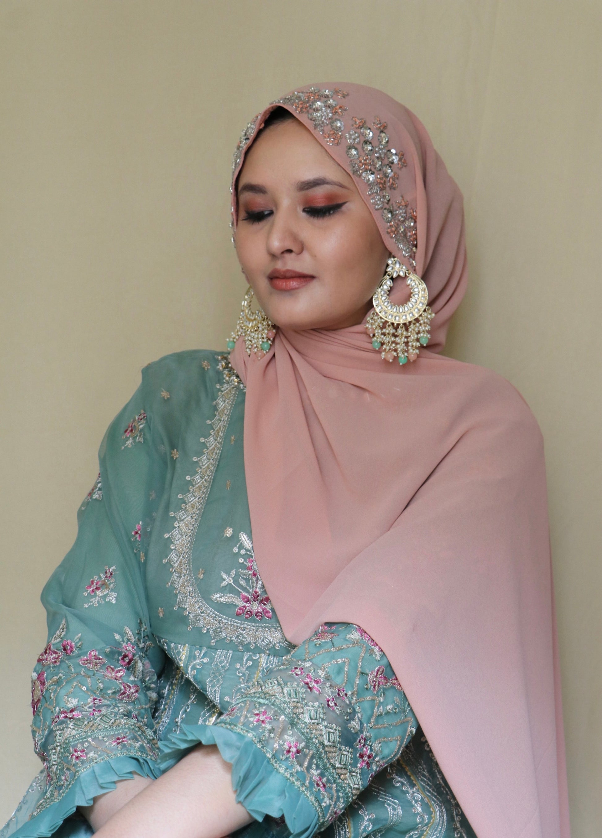 Soft peach premium handwork hijab for women, luxury embellished hijab for party wear, buy hijab online India Mawdeest modest fashion