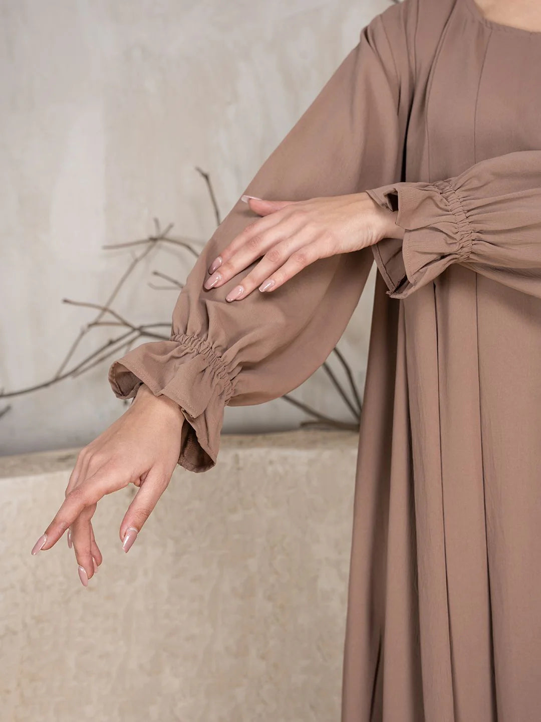 camel tone abaya soft breathable fabric modest clothing India elegant finish
