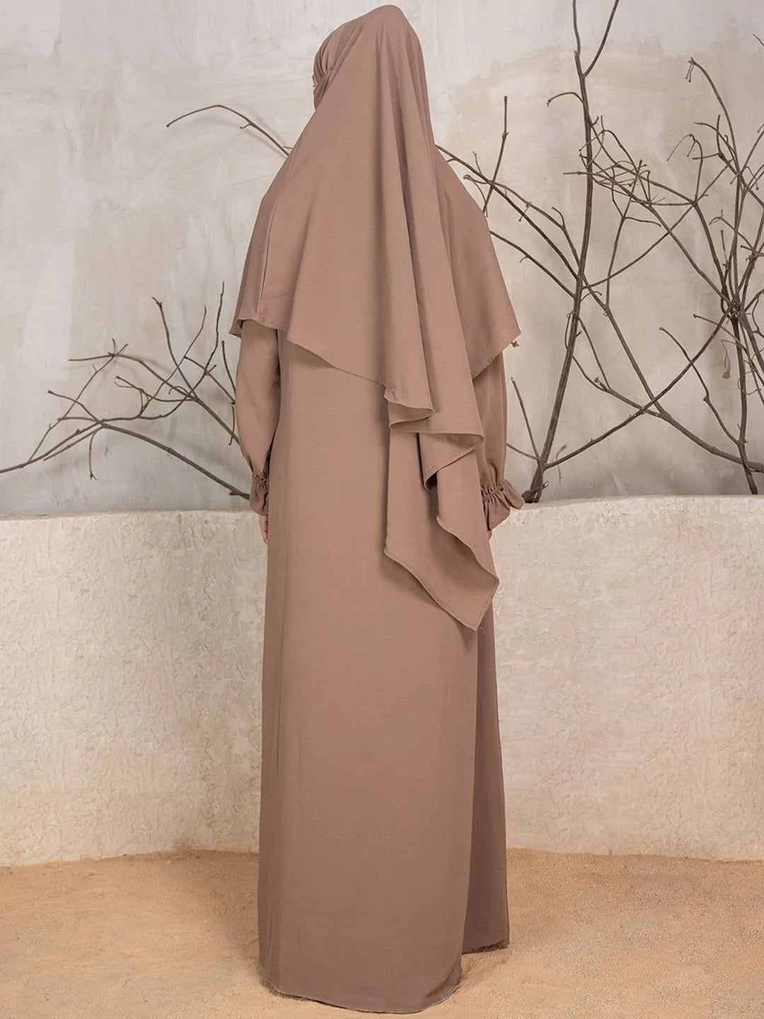 camel abaya khimar outfit women minimal luxury modest fashion India
