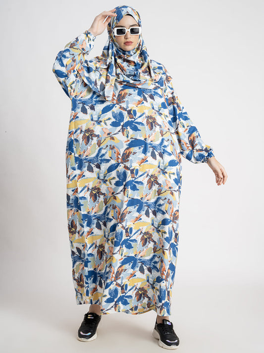 Chic Leaf Print Prayer Gown Blue