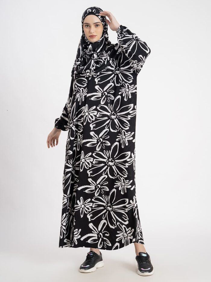 Chic Leaf Print Prayer Gown Black