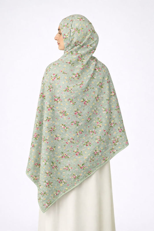 Floral namaz dupatta for women pastel green viscose rayon lightweight prayer hijab modest India