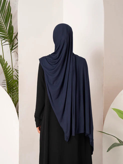 Premium jersey hijab in navy blue, comfortable stretch fabric modest wear hijab Mawdeest