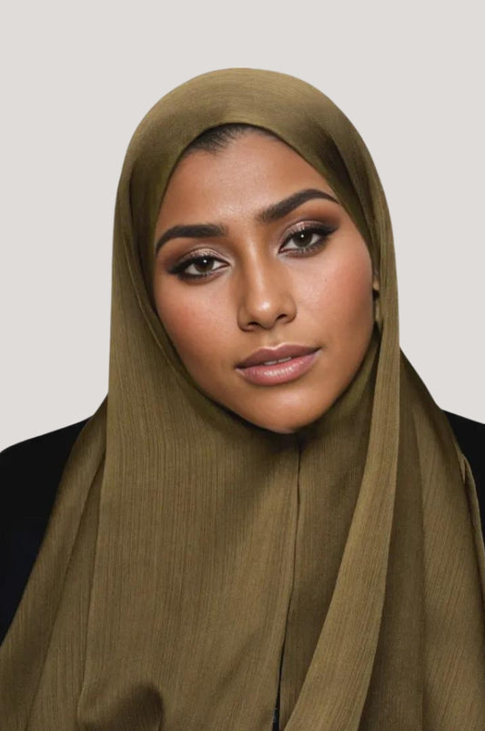 Khaki Green crinkle silk satin hijab (muna satin hijab) – muted earthy tone hijab
