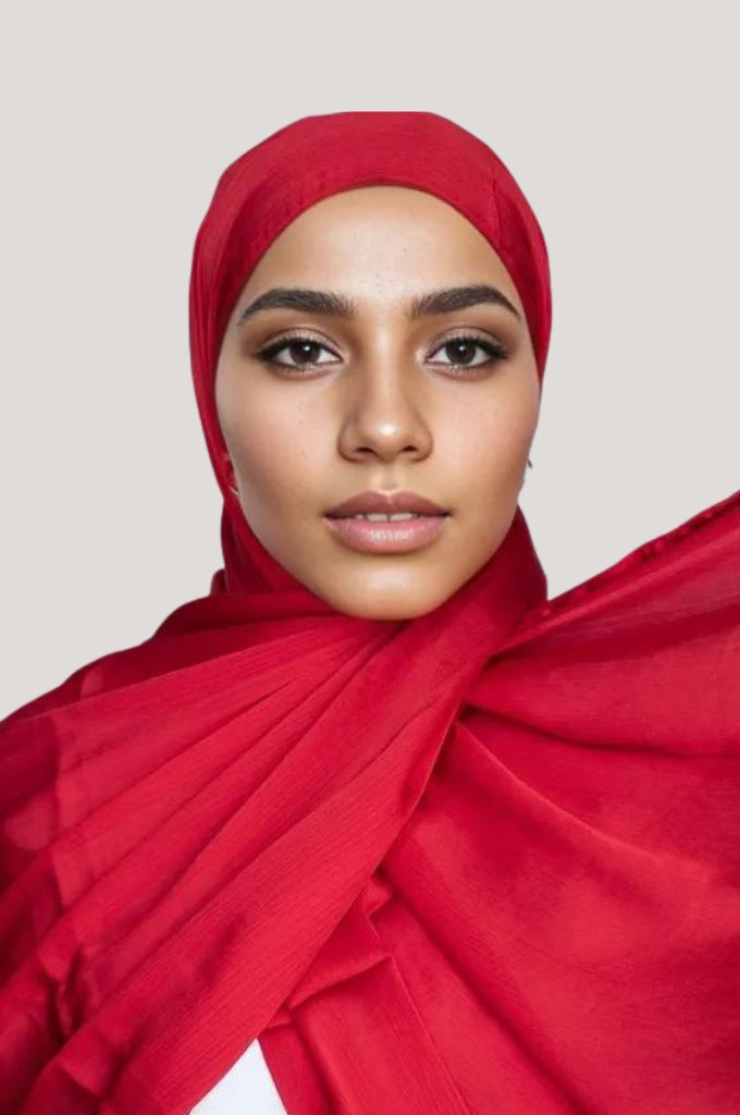  Red crinkle silk satin hijab (muna satin hijab) – bold glossy party wear hijab