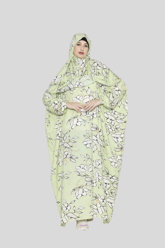 Green white leaf print prayer gown India, modest namaz dress for women full coverage Islamic wear Mawdeest