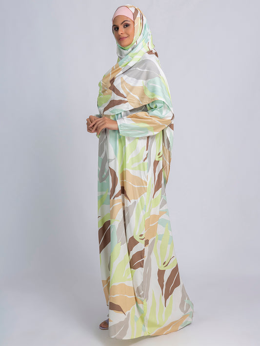 Pastel leaf print prayer gown for women India, lightweight modest namaz wear Islamic dress Mawdeest