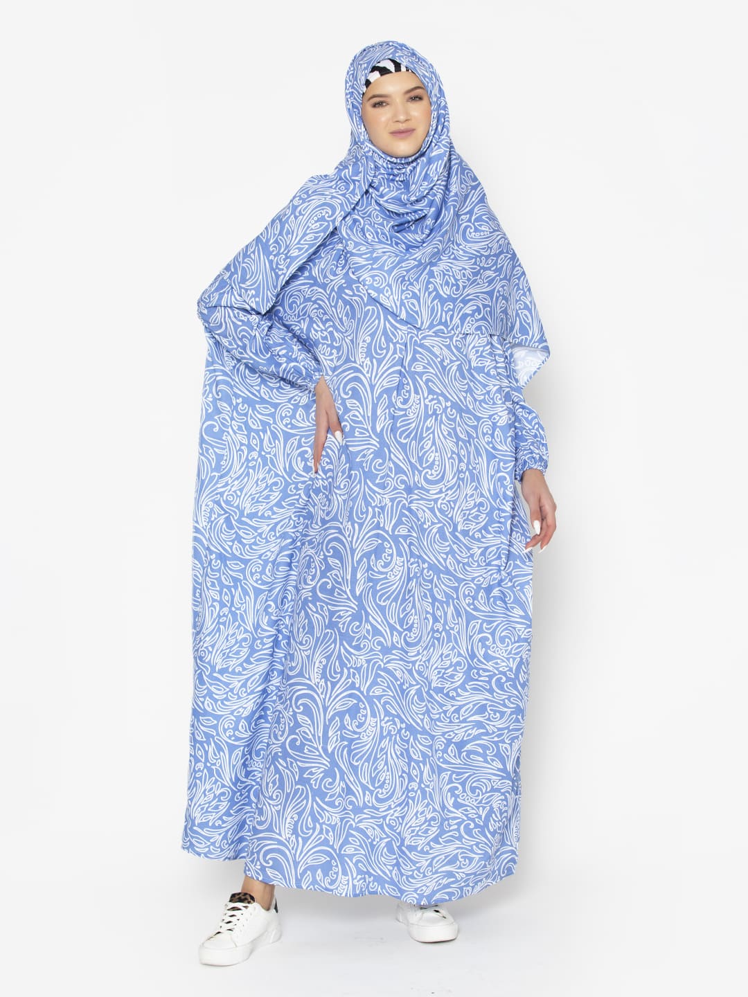 Sky blue lily blossom prayer gown for women India, modest namaz dress full coverage Islamic wear Mawdeest