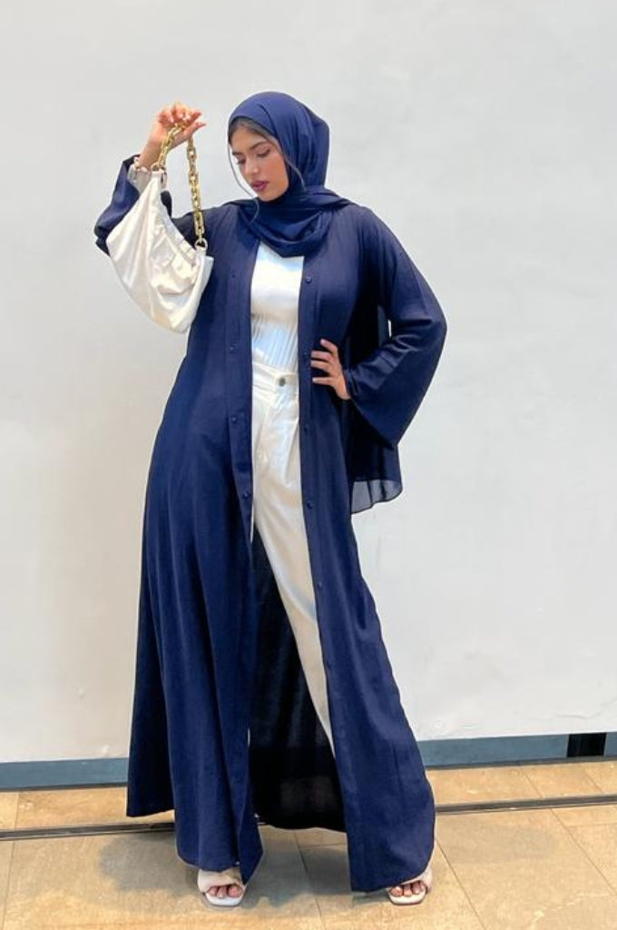 minimal navy abaya outfit women casual modest styling India clean elegant look
