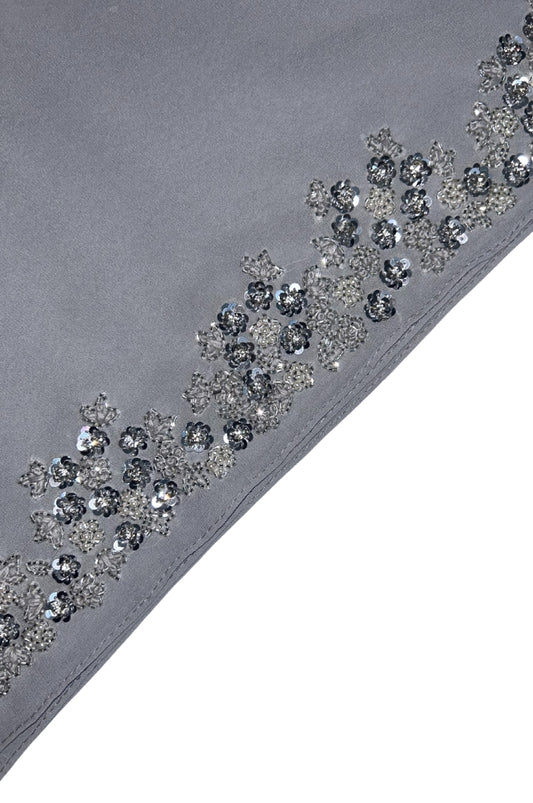 Nude grey minimal handwork hijab for women, premium modest fashion India, neutral tone luxury hijab Mawdeest