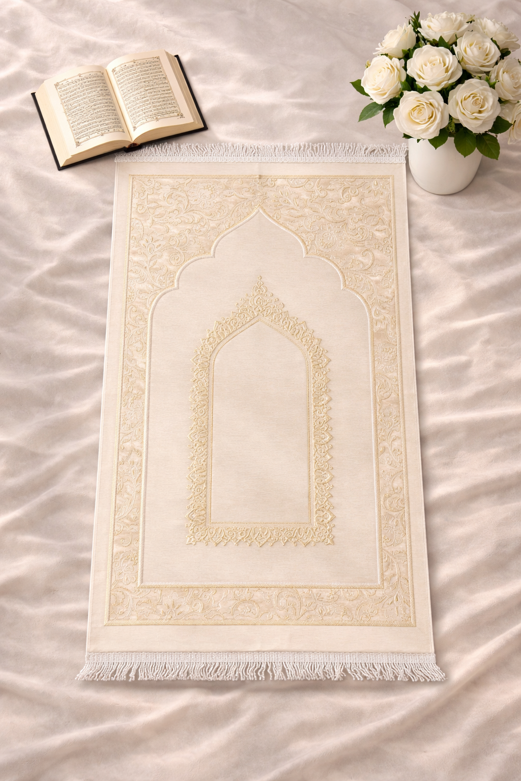 Off white Turkish janamaz prayer mat elegant Islamic namaz mat soft premium prayer mat India