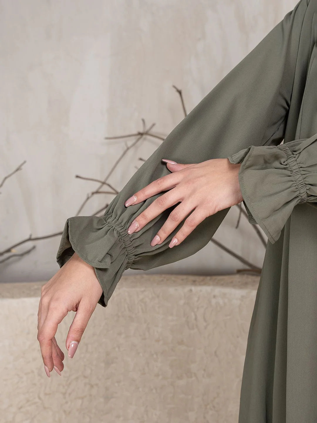 olive abaya khimar outfit women trendy modest fashion India neutral aesthetic
