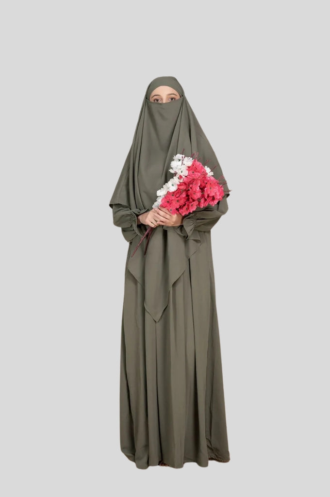 olive green abaya with khimar women buy online India nude tone modest fashion
