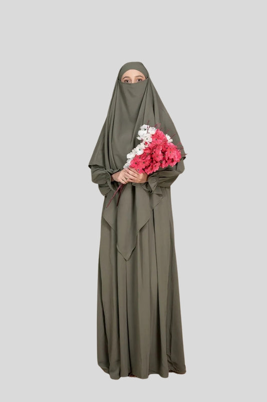 olive green abaya with khimar women buy online India nude tone modest fashion
