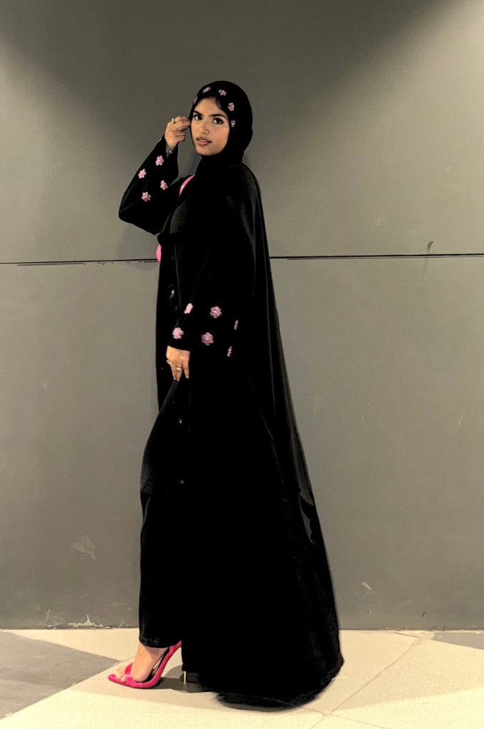orchid color abaya close up fabric soft flowy modest wear India elegant design
