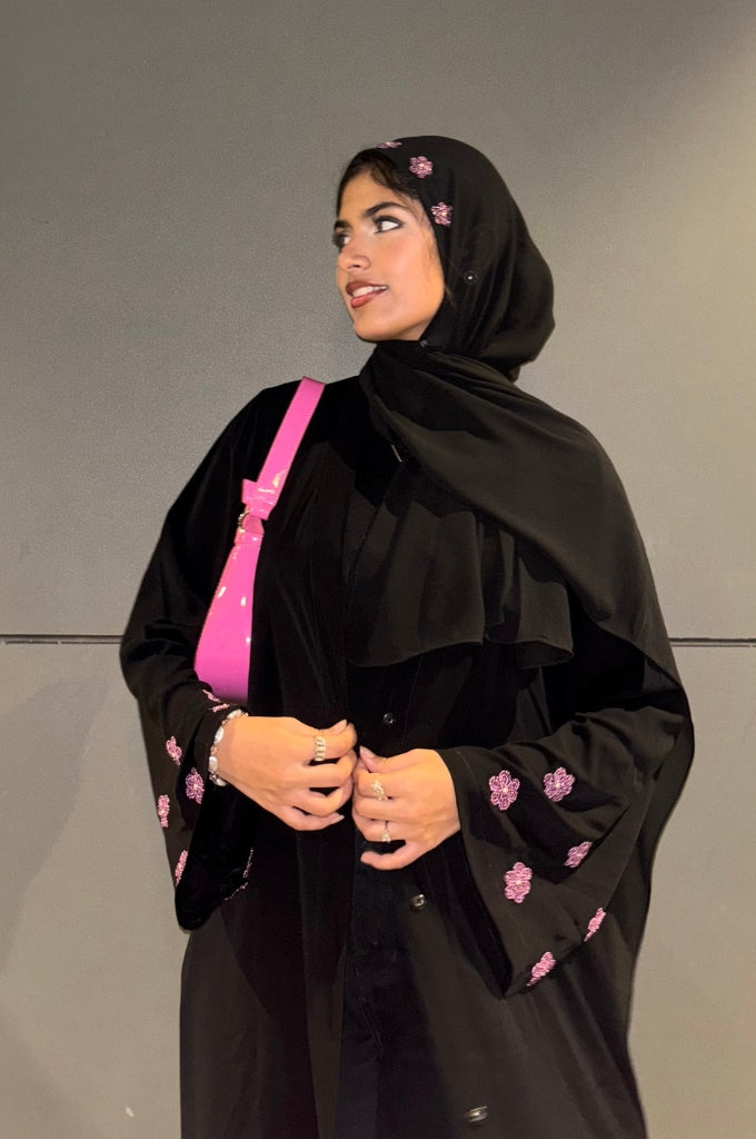 stylish orchid abaya outfit for women modern modest fashion India evening wear
