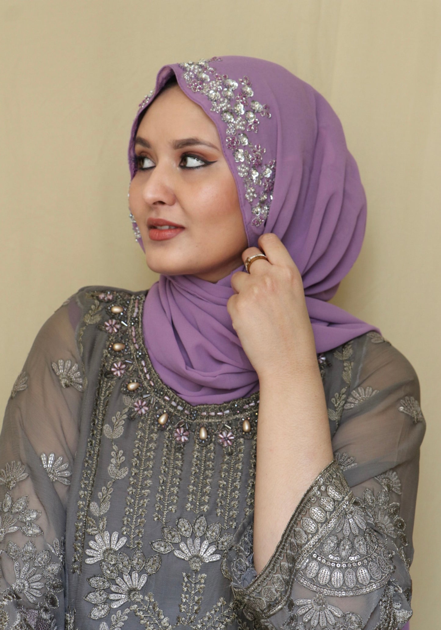 Orchid purple handwork hijab with intricate embellishment, designer party wear hijab for women, premium modest fashion India Mawdeest