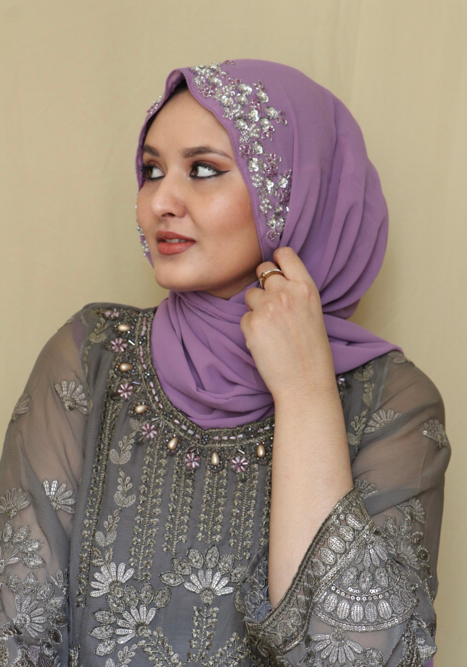  Orchid purple handwork hijab with intricate embellishment, designer party wear hijab for women, premium modest fashion India Mawdeest