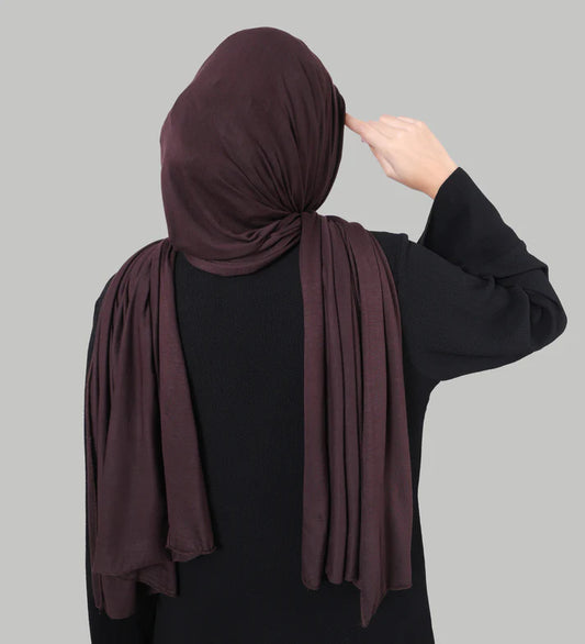 Premium jersey hijab in dark brown, breathable soft stretch hijab for everyday styling Mawdeest
