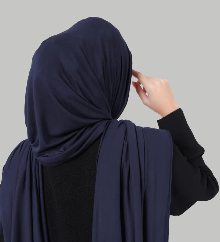 Premium jersey hijab in navy blue, comfortable stretch fabric modest wear hijab Mawdeest