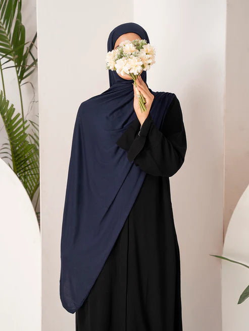 Premium jersey hijab in navy blue, comfortable stretch fabric modest wear hijab Mawdeest