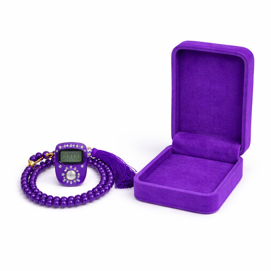 Purple velvet tasbih gift set with digital counter luxury Islamic prayer beads gift India
