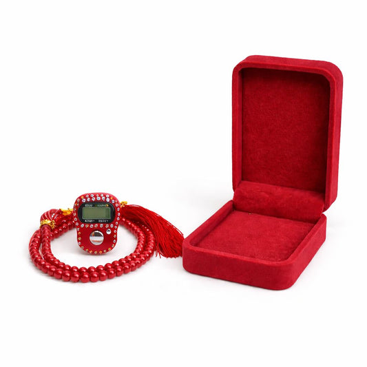 Red velvet tasbih gift set with digital counter Islamic prayer beads Ramadan gift India
