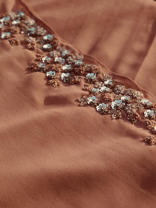 Rusty brown luxury handwork hijab for women, premium modest wear hijab India, elegant earthy tone party hijab Mawdeest