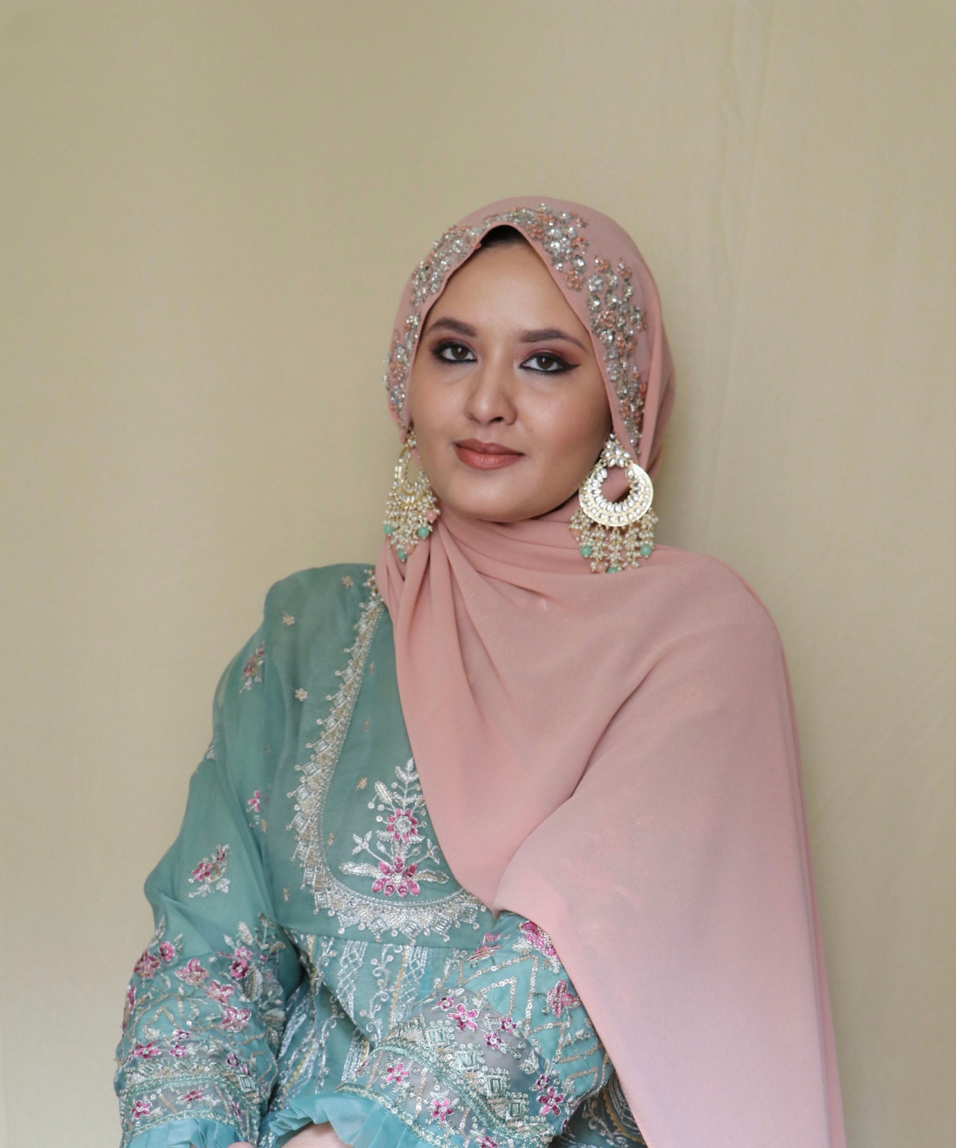 peach premium handwork hijab for women, luxury embellished hijab for party wear, buy hijab online India Mawdeest modest fashion