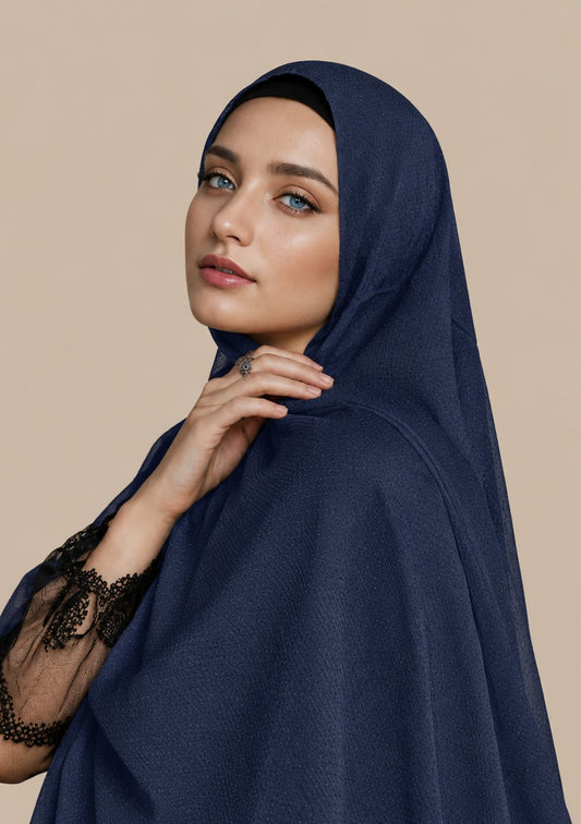 Navy Blue textured silk satin hijab – classic deep tone hijab