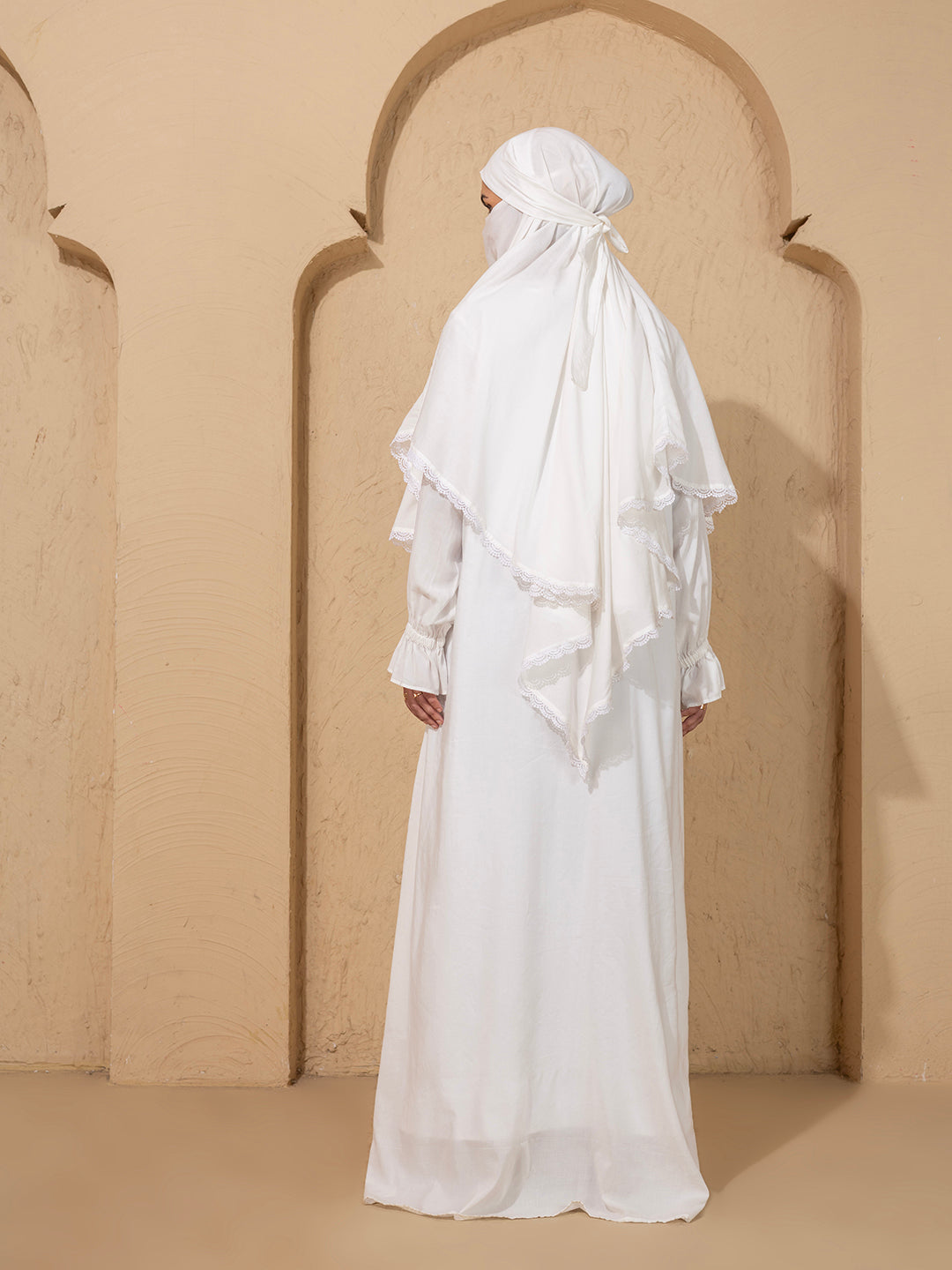 white abaya with khimar lace set women buy online India Islamic modest outfit
