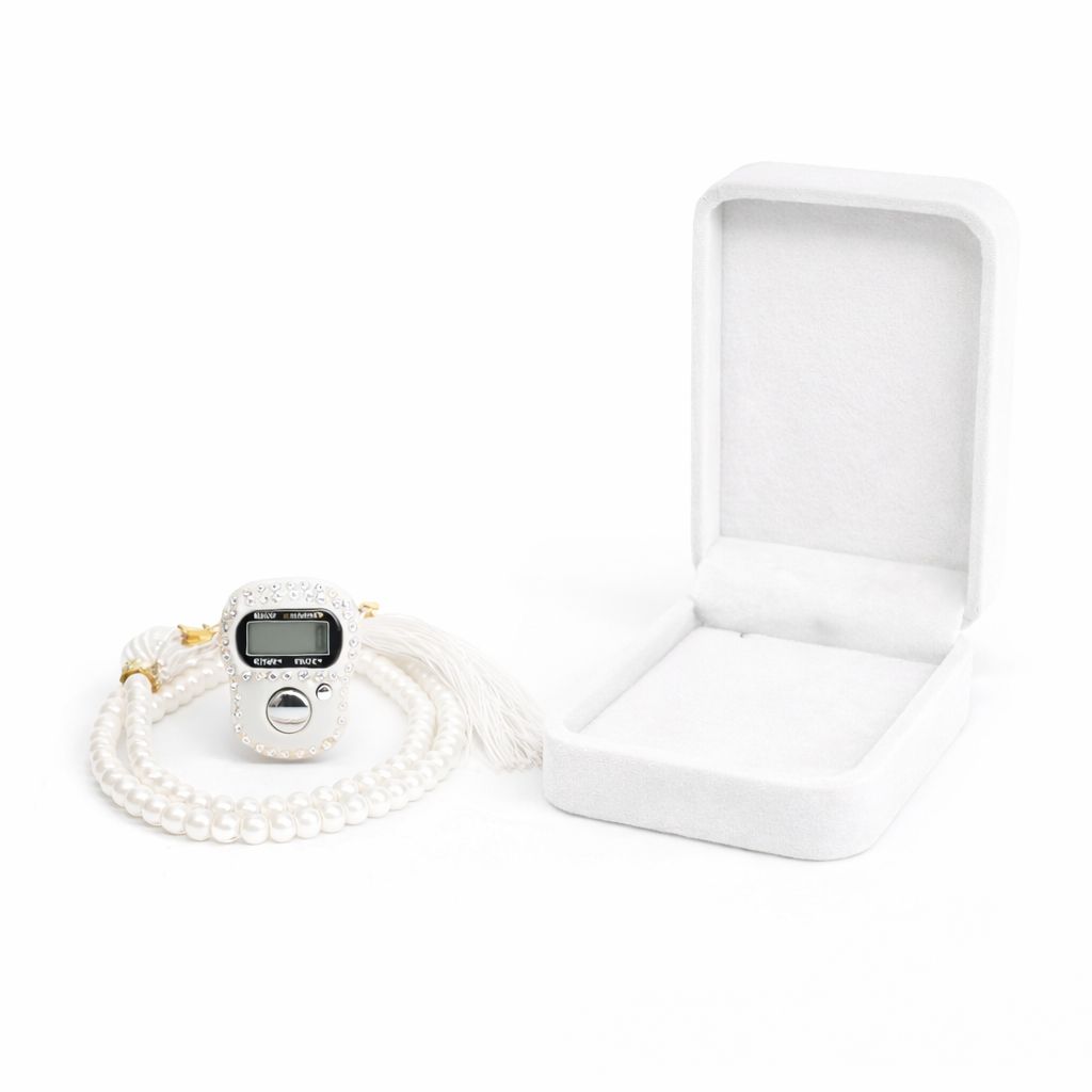 White velvet tasbih gift set with digital counter elegant Islamic prayer beads gift India
