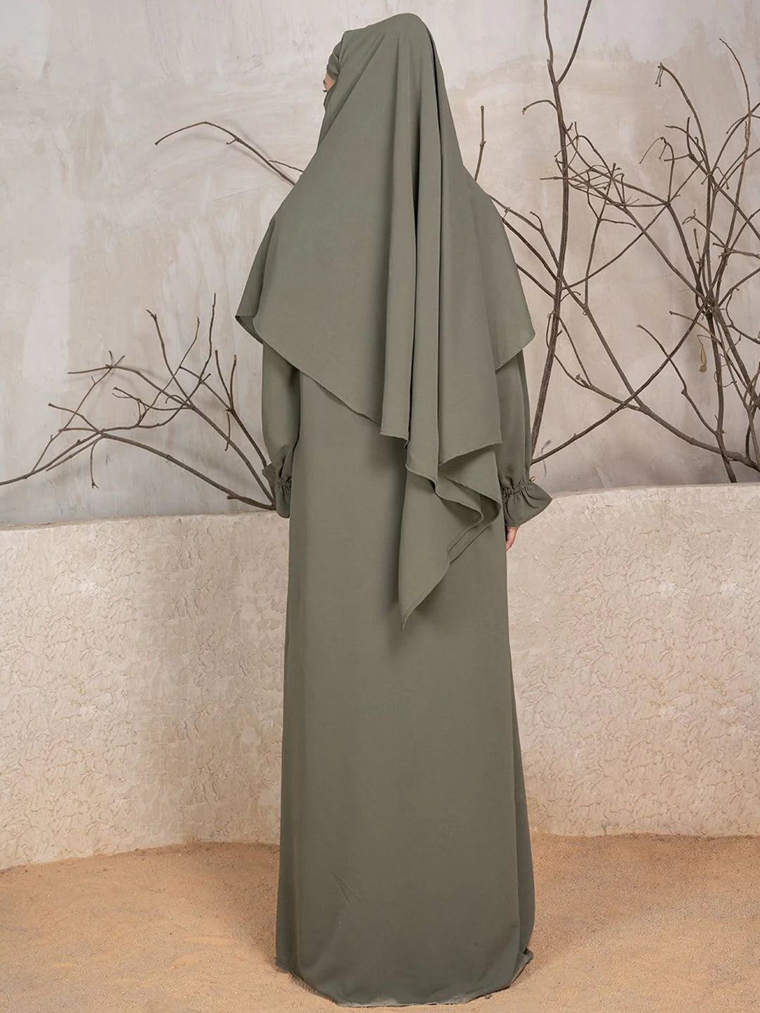Abaya With Khimar - Nude Olive Green
